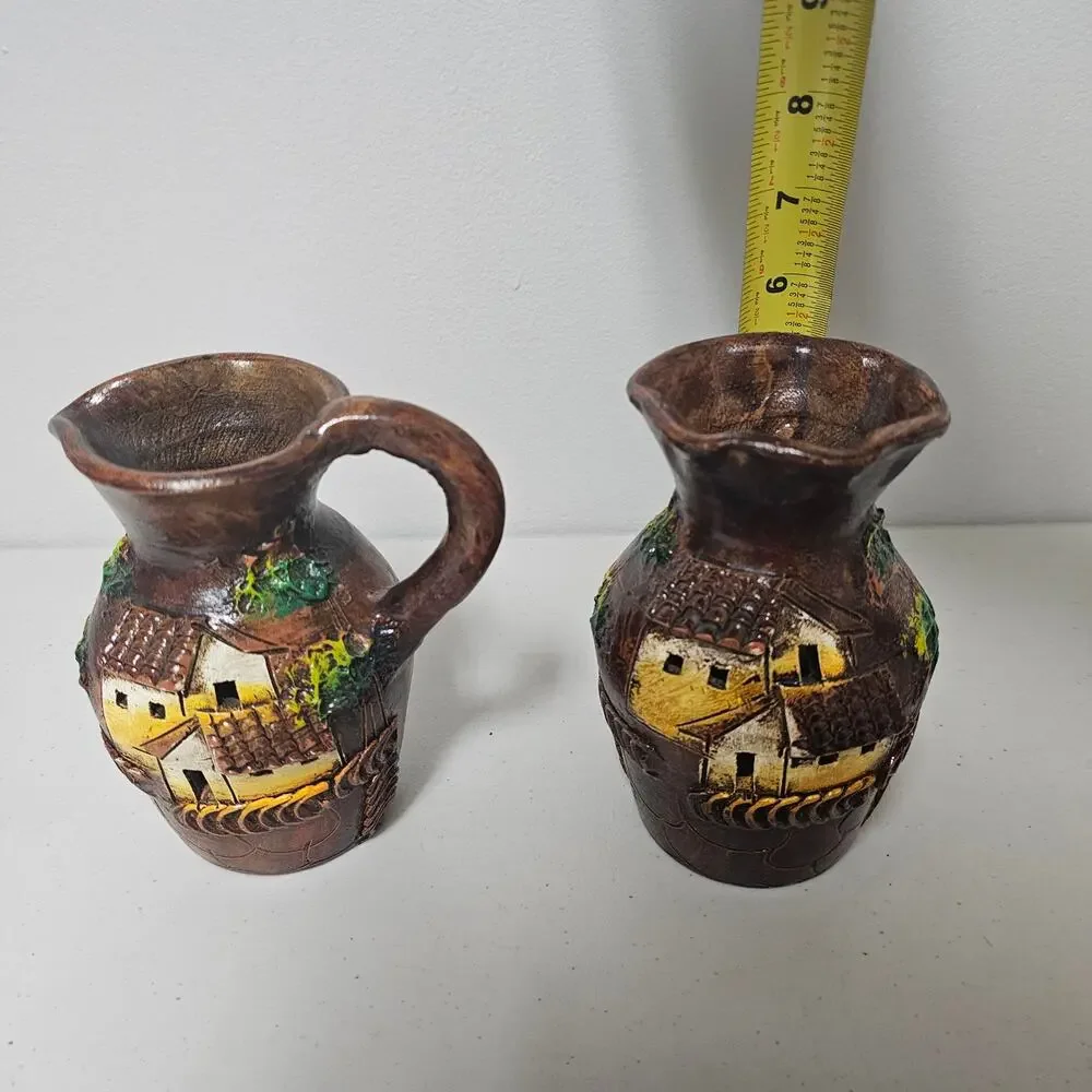 Set of 2 Handcrafted Guatamalan Vases with Three Dimensional Houses